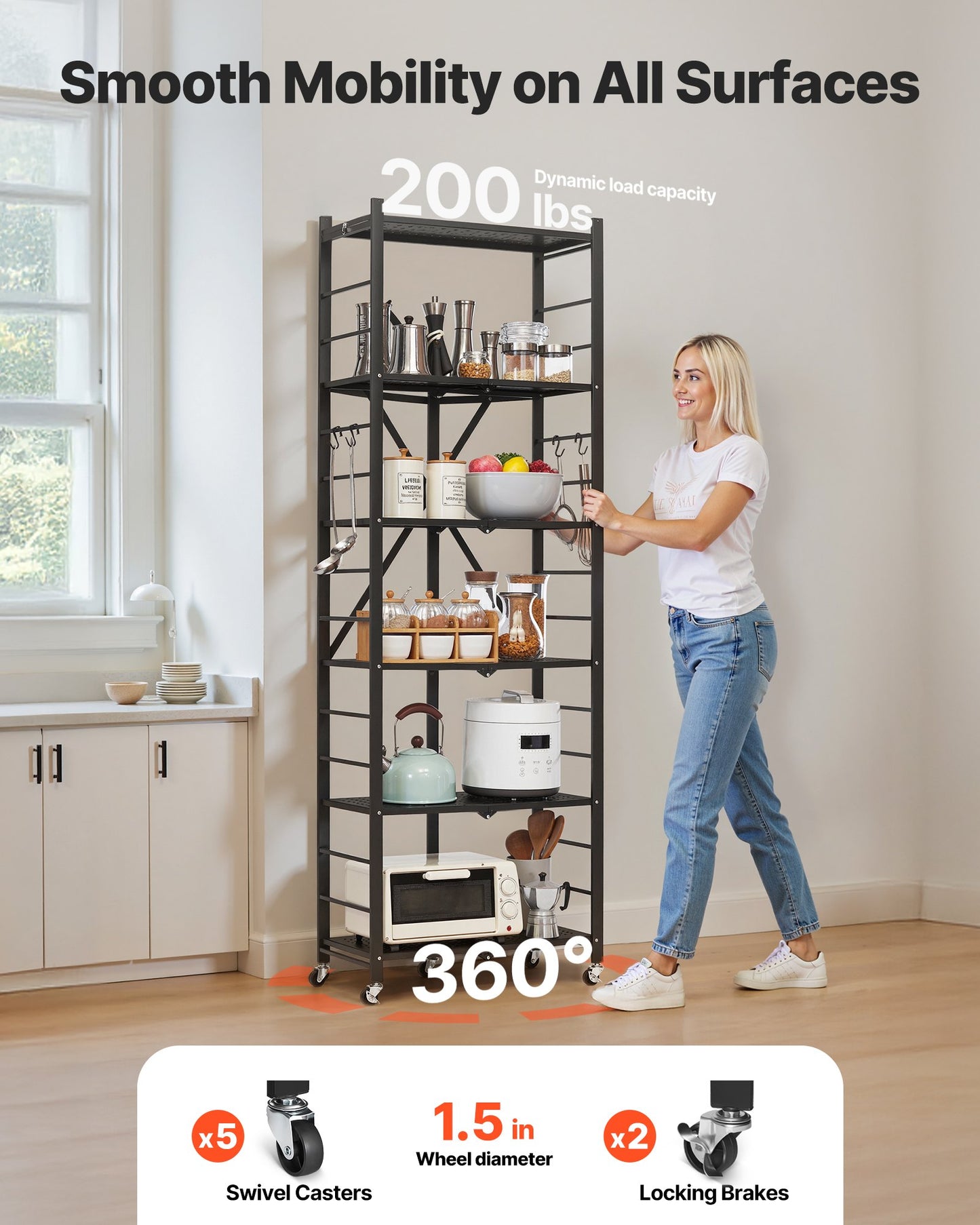 Hopfällbar förvaringshylla med 6 våningar, 24B x 12D x 72H tum, hopfällbar metallhylla, ingen montering, organiseringshylla med 5 hjul och 4 krokar för skafferi, kök, garage, källare, svart