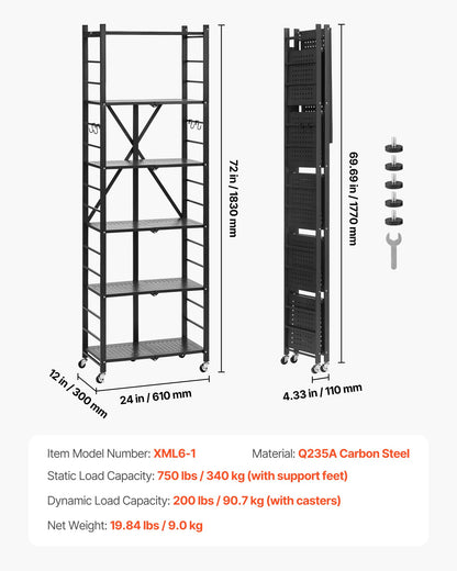 Hopfällbar förvaringshylla med 6 våningar, 24B x 12D x 72H tum, hopfällbar metallhylla, ingen montering, organiseringshylla med 5 hjul och 4 krokar för skafferi, kök, garage, källare, svart