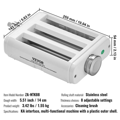 Pastatillbehör för KitchenAid köksmaskin, 3-i-1 pastarullskärset i rostfritt stål inklusive pastarulle, spaghetti- och fettuccineskärare, 8 justerbara tjockleksknoppar för pastamaskin