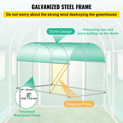 Walk-in Tunnel Greenhouse, 3.6 x 2 x 2 m/ 12 x 7 x 7 ft Portable Plant Hot House w/ Galvanized Steel Hoops, 1 Top Beams, 2 Diagonal Poles, 2 Zippered Doors & 6 Roll-up Windows, Green
