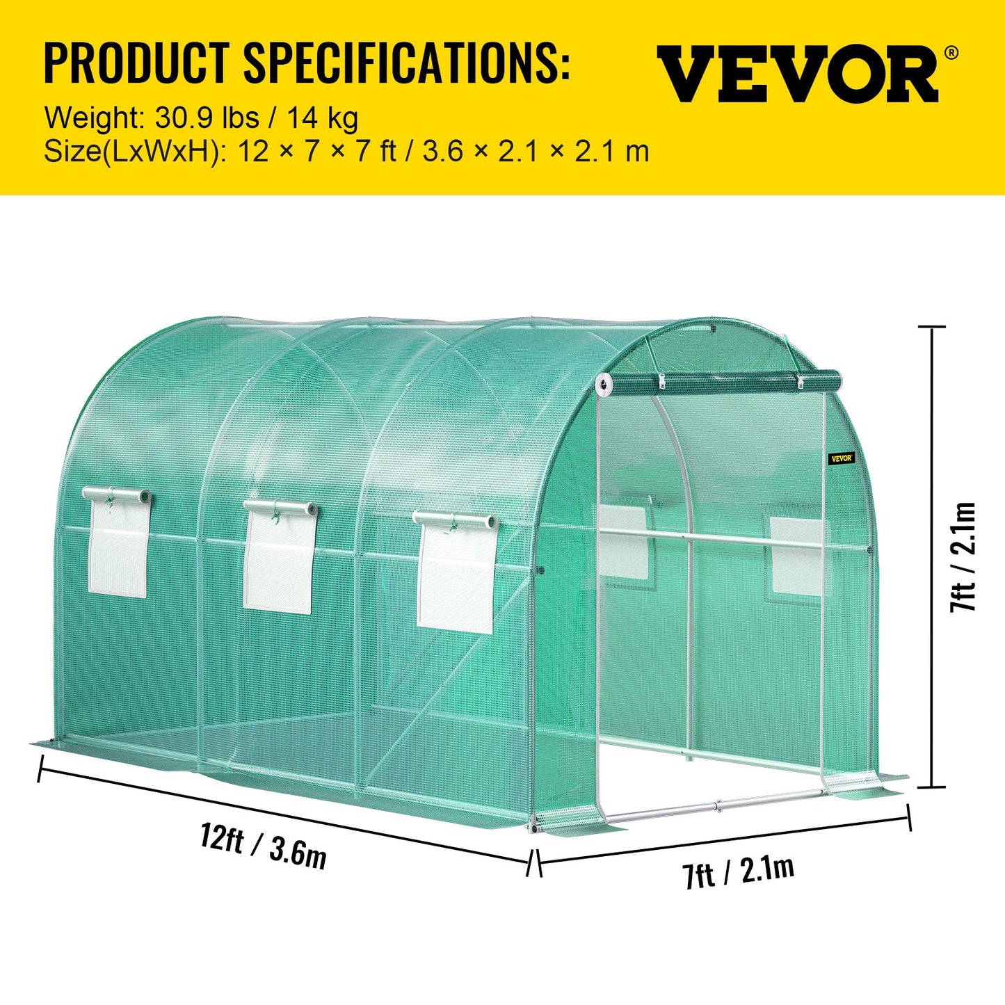 Walk-in Tunnel Greenhouse, 3.6 x 2 x 2 m/ 12 x 7 x 7 ft Portable Plant Hot House w/ Galvanized Steel Hoops, 1 Top Beams, 2 Diagonal Poles, 2 Zippered Doors & 6 Roll-up Windows, Green