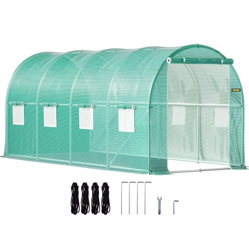 Tunnelväxthus med gångavstånd, 4,5 x 2 x 2 m / 15 x 7 x 7 fot, portabelt växthus med galvaniserade stålringar, 1 toppbalk, 2 diagonala stänger, 2 dörrar med dragkedja och 8 rullfönster, grönt