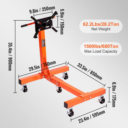 Motorstativ, 1500 lbs (3/4 ton) roterande motorstativ med 360 graders justerbart huvud, fällbar motorlyftvagn i gjutjärn, 5 hjul, 4 justerbara armar, för fordonsunderhåll