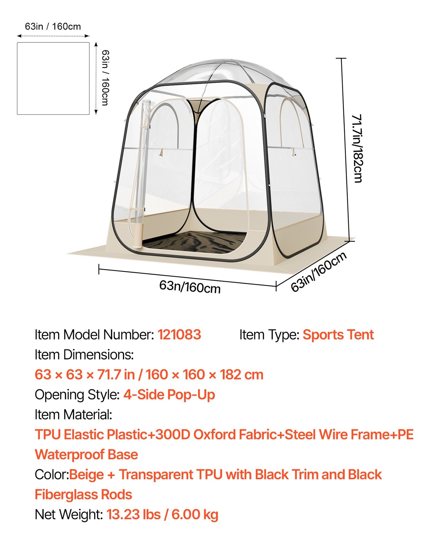 Pop-up-sportstält, 1,6x1,6 m genomskinligt bubbeltält för 2-4 personer, vattentät utomhuskapsel med golvmatta och överdrag, trädgårds-iglookupoltält campingskydd för evenemang fiske jubel