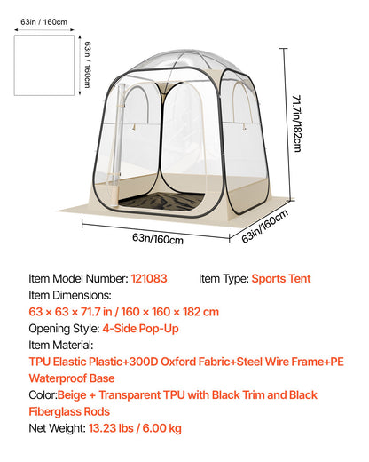 Pop-up-sportstält, 1,6x1,6 m genomskinligt bubbeltält för 2-4 personer, vattentät utomhuskapsel med golvmatta och överdrag, trädgårds-iglookupoltält campingskydd för evenemang fiske jubel