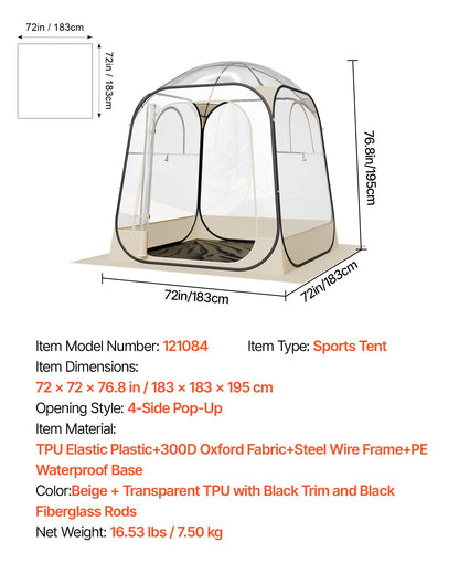 Pop-up-sportstält, 1,83x1,83 m genomskinligt bubbeltält för 2-4 personer, vattentät utomhuskapsel med golvmatta och överdrag, trädgårds-iglookupoltält campingskydd för evenemang fiske jubel