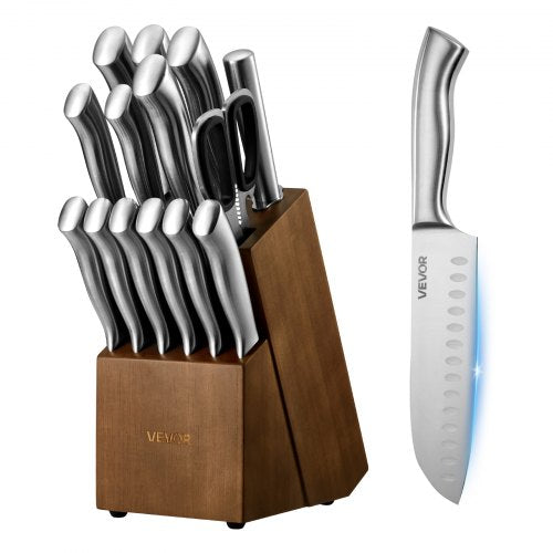 Kitchen Knife Set with Block and Sharpener, 15 Piece German High Carbon Stainless Steel Sharp Knife Set, Kitchen Cutlery with Ergonomic Handle, Sharpening Rod and Wooden Block, for Home Cooks