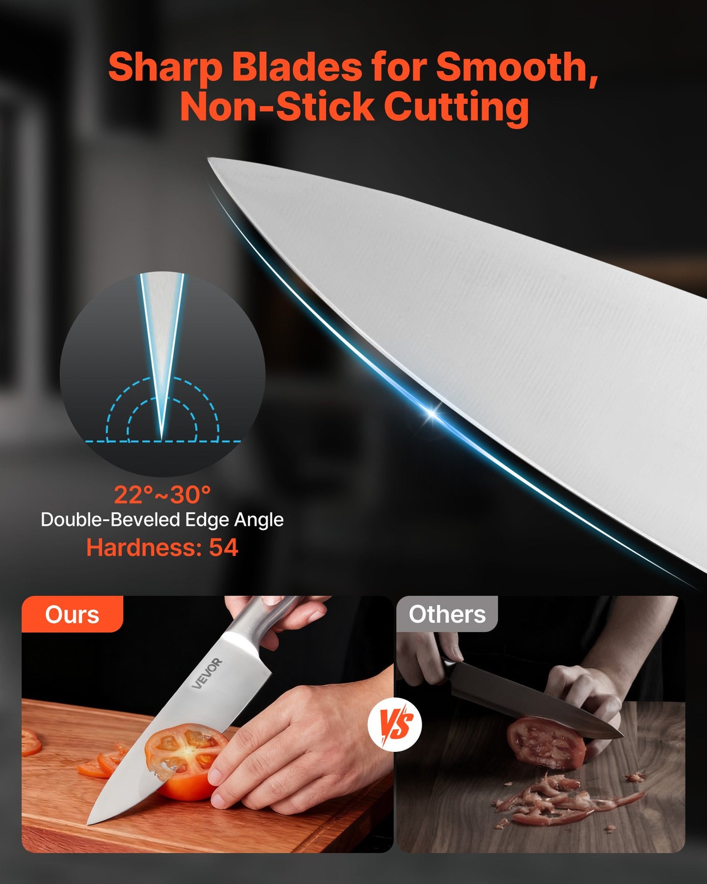 Kitchen Knife Set with Block and Sharpener, 15 Piece German High Carbon Stainless Steel Sharp Knife Set, Kitchen Cutlery with Ergonomic Handle, Sharpening Rod and Wooden Block, for Home Cooks