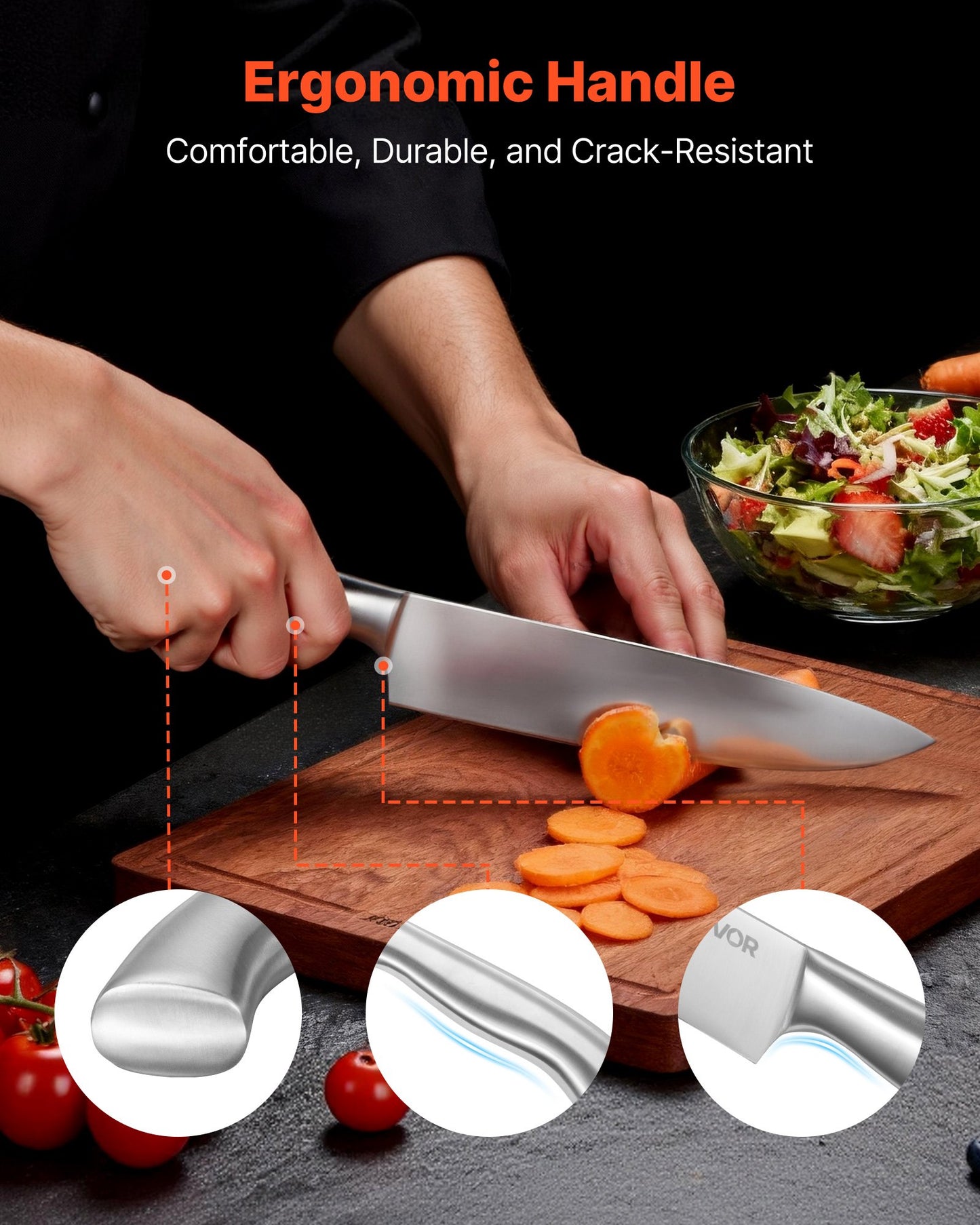 Kitchen Knife Set with Block and Sharpener, 15 Piece German High Carbon Stainless Steel Sharp Knife Set, Kitchen Cutlery with Ergonomic Handle, Sharpening Rod and Wooden Block, for Home Cooks