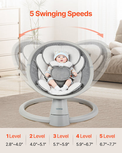 Babygunga, 5-växlad babygunga, bärbar babygunga med fjärrkontroll, pekskärm, Bluetooth-musik, 10 förinställda vaggvisor och 5-punktssele för 0-9 månader pojkar flickor upp till 9 kg