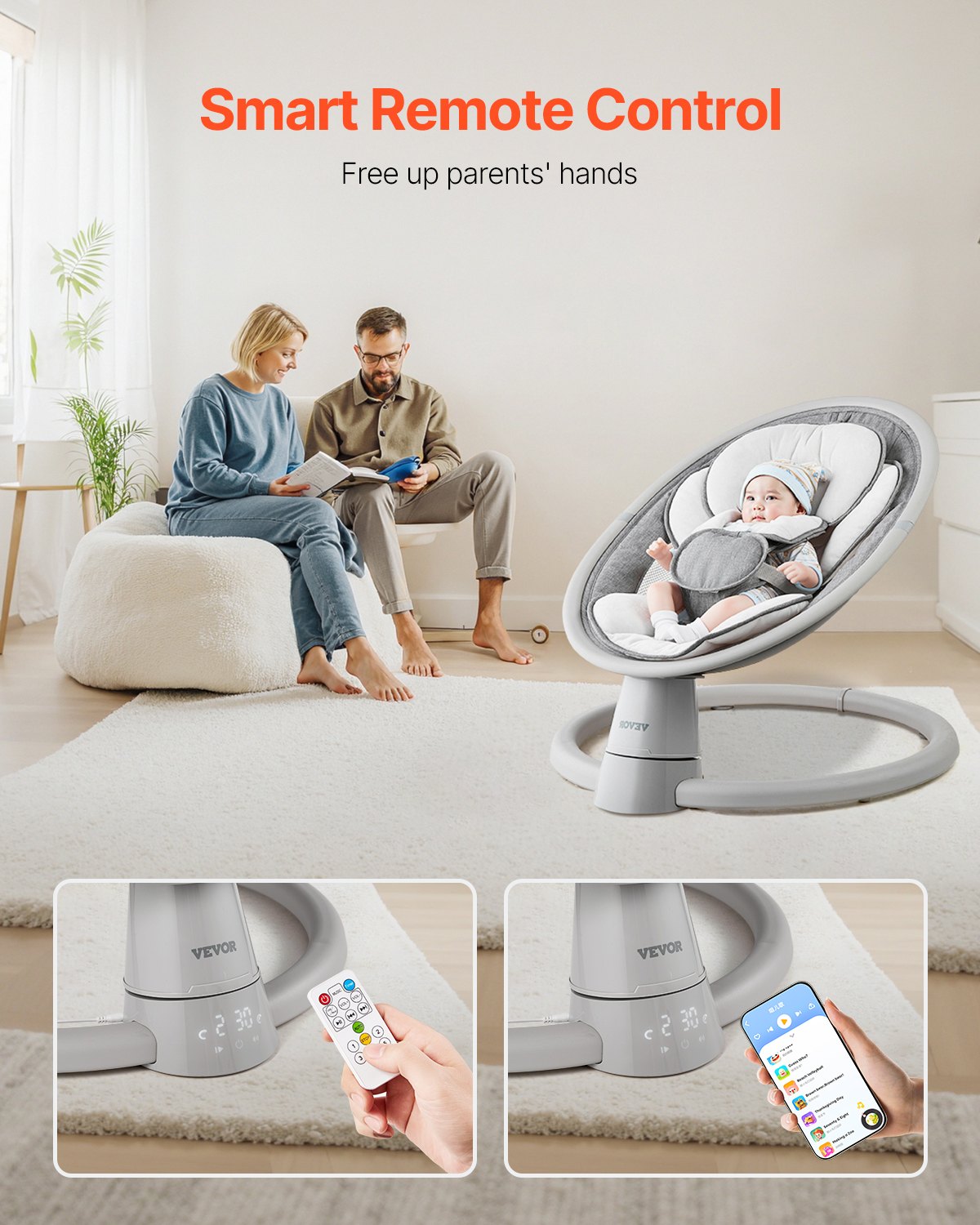 Babygunga, 5-växlad babygunga, bärbar babygunga med fjärrkontroll, pekskärm, Bluetooth-musik, 10 förinställda vaggvisor och 5-punktssele för 0-9 månader pojkar flickor upp till 9 kg