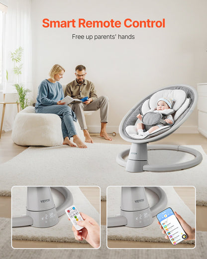 Babygunga, 5-växlad babygunga, bärbar babygunga med fjärrkontroll, pekskärm, Bluetooth-musik, 10 förinställda vaggvisor och 5-punktssele för 0-9 månader pojkar flickor upp till 9 kg
