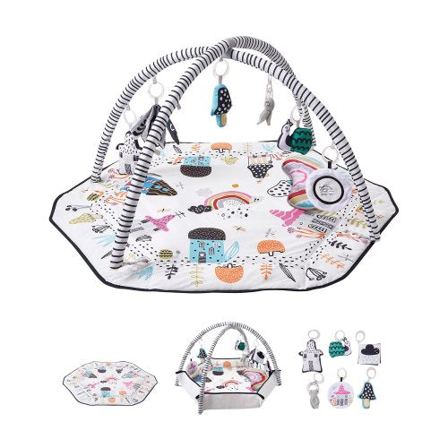 Baby Play Gym Mat, Tummy Time Mat with 6 Detachable Sensory Toys, 41.7" x 41.7" Large-Sized Baby Newborn Activity Mat with Fold-up Sides & Soft Fabric for Sensory and Motor Skill Development