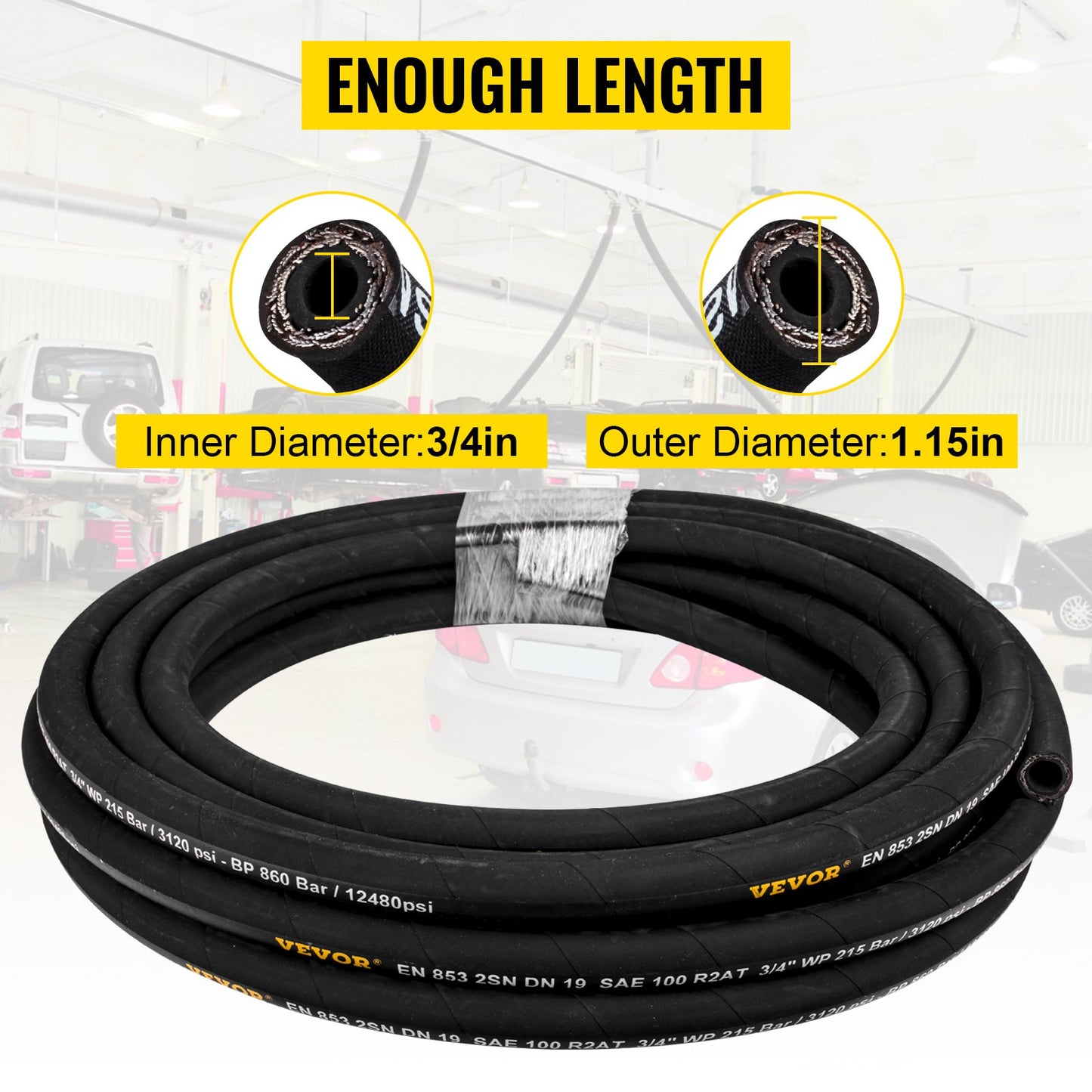 Hydraulslang 3/4 tum x 50 fot, Spiralformad hydraulslang 3120 PSI, Hydraulslang i gummi med 2 höghållfasta ståltrådsflätor, Hydraulslang i bulk -20℃ till 140℃, Flexibel hydraulslang för olja