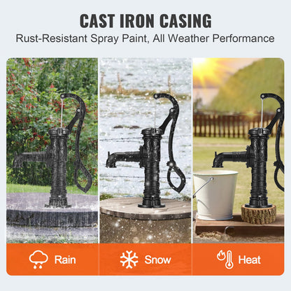 Antique Well Hand Pitcher Pump, 6.7 m(22ft) Maximum Lift, Cast Iron Manual Hand Water Pump with Ergonomic Handle NPT31.8 mm(1-1/4") Easy Installation, Old Fashioned for Outdoor Home Yard Garden Pond Farm, Black