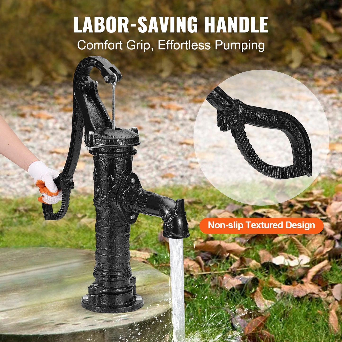 Antique Well Hand Pitcher Pump, 6.7 m(22ft) Maximum Lift, Cast Iron Manual Hand Water Pump with Ergonomic Handle NPT31.8 mm(1-1/4") Easy Installation, Old Fashioned for Outdoor Home Yard Garden Pond Farm, Black