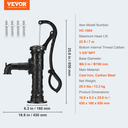 Antique Well Hand Pitcher Pump, 6.7 m(22ft) Maximum Lift, Cast Iron Manual Hand Water Pump with Ergonomic Handle NPT31.8 mm(1-1/4") Easy Installation, Old Fashioned for Outdoor Home Yard Garden Pond Farm, Black