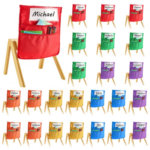 Stolsfickor för klassrum, 24-pack, 14 x 15 tum ryggstödsficka med namnskylt, 6 ljusa färger, organisatör för stolsryggar i klassrum, förskola, skola och hem