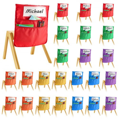 Chair Pockets for Classroom, 24 Pack, 18 x 20 Inches Chairback Buddy Pocket with Name Tag, 6 Bright Colors, Back of Chair Organizer for Kids in Classroom, Kindergarten, School, and Home