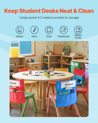 Chair Pockets for Classroom, 24 Pack, 18 x 20 Inches Chairback Buddy Pocket with Name Tag, 6 Bright Colors, Back of Chair Organizer for Kids in Classroom, Kindergarten, School, and Home