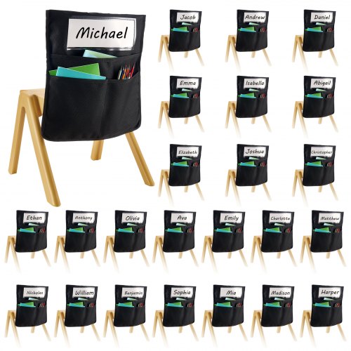Stolsfickor för klassrum, 24-pack, 14 x 15 tum ryggstödsficka med namnskylt, stolsryggsorganisatör för barn i klassrum, förskola, skola och hem, svart