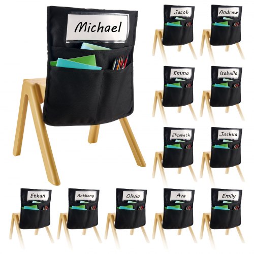Stolsfickor för klassrum, 12-pack, 18 x 20 tum ryggstödsficka med namnskylt, stolsryggsorganisatör för barn i klassrum, förskola, skola och hem, svart