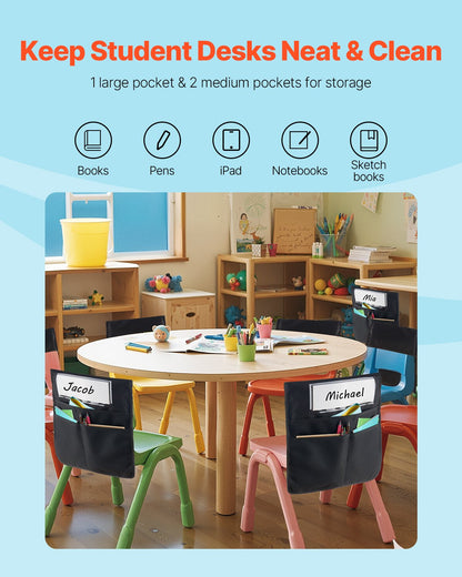 Stolsfickor för klassrum, 12-pack, 18 x 20 tum ryggstödsficka med namnskylt, stolsryggsorganisatör för barn i klassrum, förskola, skola och hem, svart