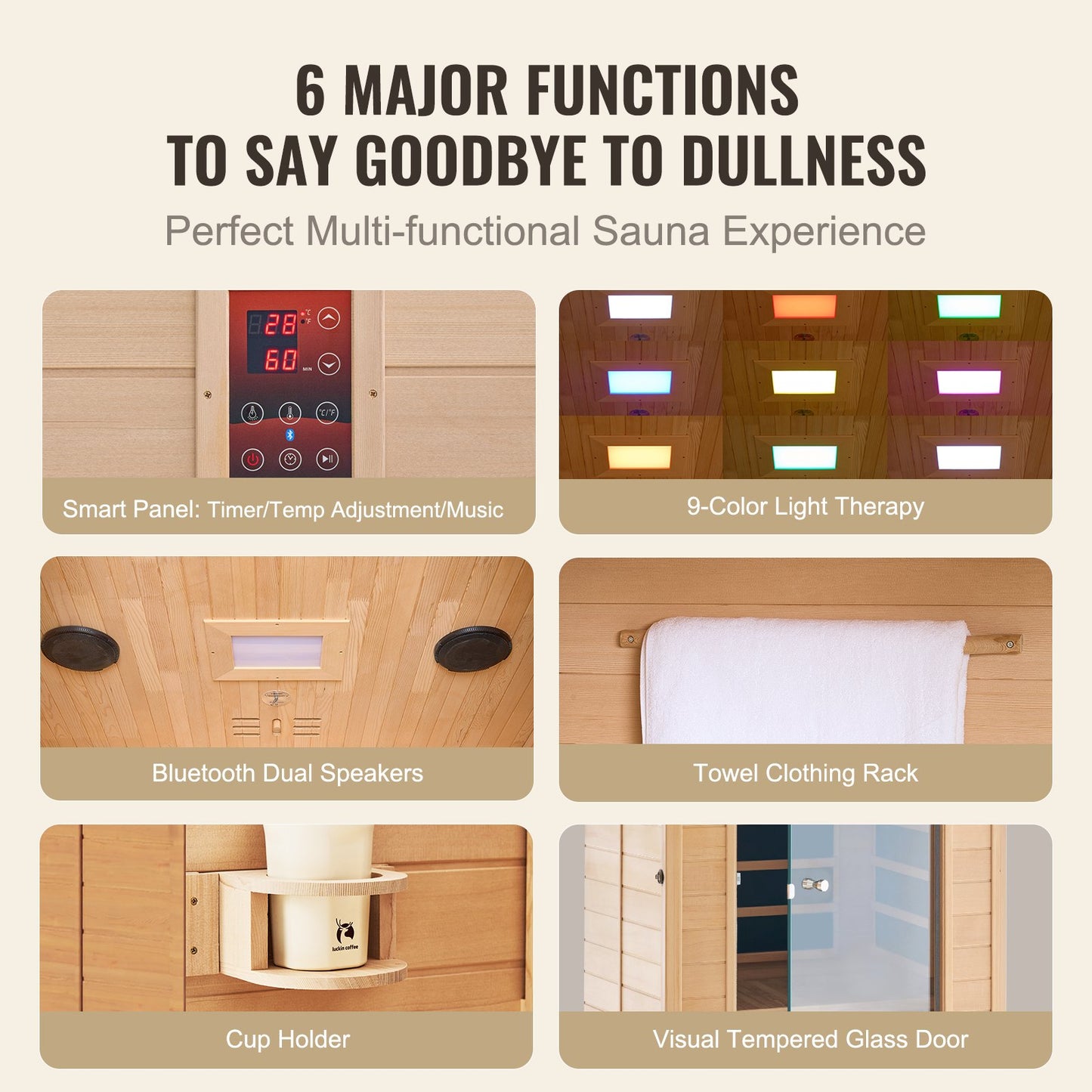 Fjärrinfraröd träbastu, Hembastu Spa för 1 till 2 personer, Låg EMF-fjärrinfraröd Hemlock-träbastu med härdad glasdörr och flerfärgad lampa och Bluetooth-högtalare och kromoterapilampor.