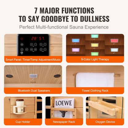 Fjärrinfraröd träbastu, hemmabastu för 3 till 4 personer, låg-EMF-fjärrinfraröd Hemlock-träbastu med härdad glasdörr och Bluetooth-högtalare och kromoterapilampor, 2470W inomhus