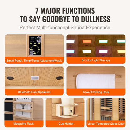 Fjärrinfraröd träbastu, hemmabastu för 3 till 4 personer, låg-EMF-fjärrinfraröd Hemlock-träbastu med härdad glasdörr och Bluetooth-högtalare och kromoterapilampor, 2580W inomhus