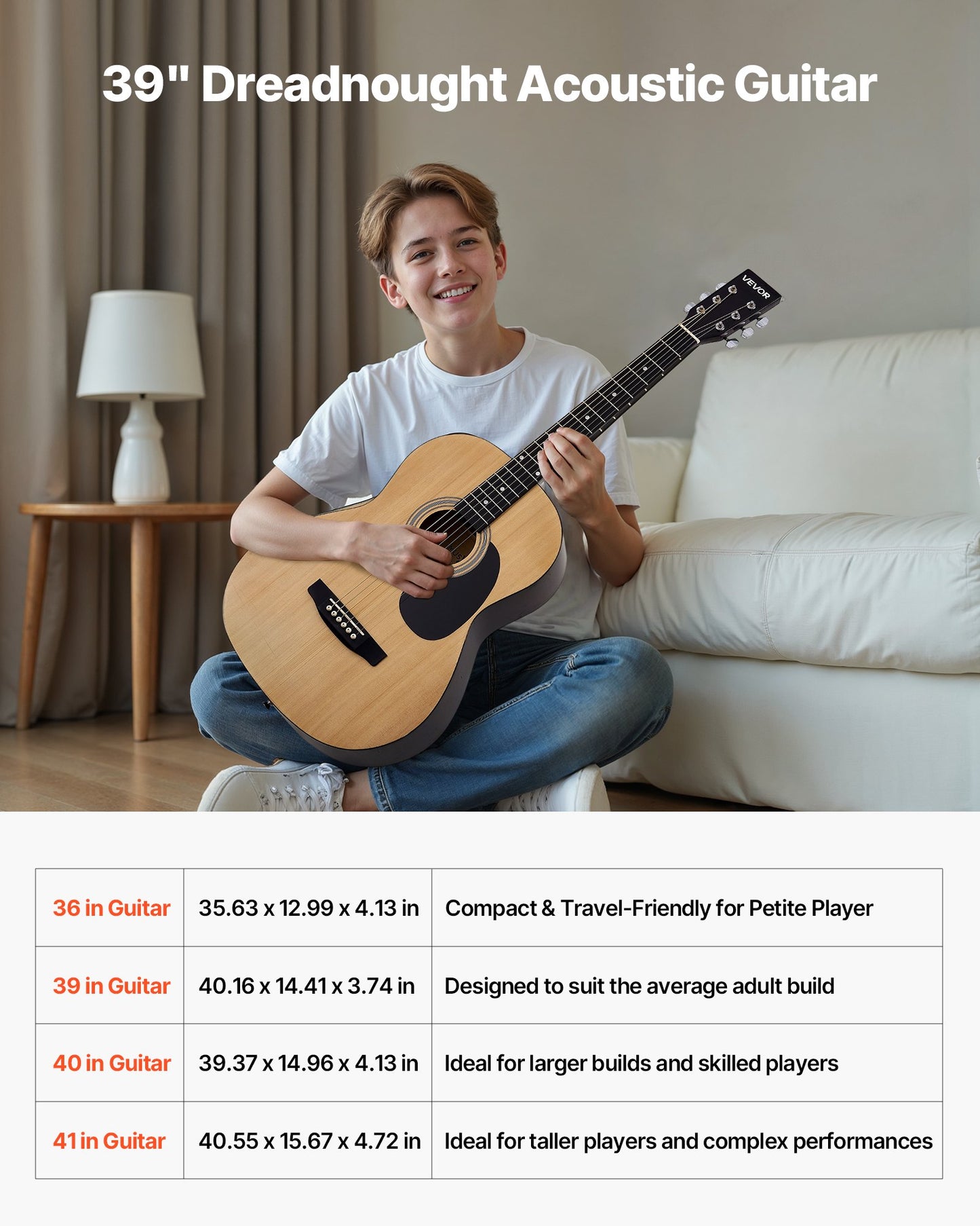 39 tum / 990,6 mm Dreadnought Akustisk Gitarr Natural Nybörjarpaket Gigbag Vuxen