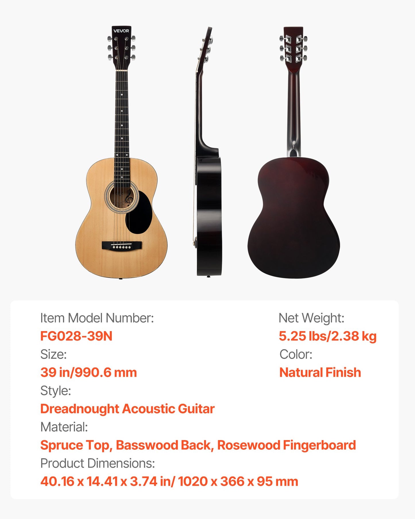 39 tum / 990,6 mm Dreadnought Akustisk Gitarr Natural Nybörjarpaket Gigbag Vuxen