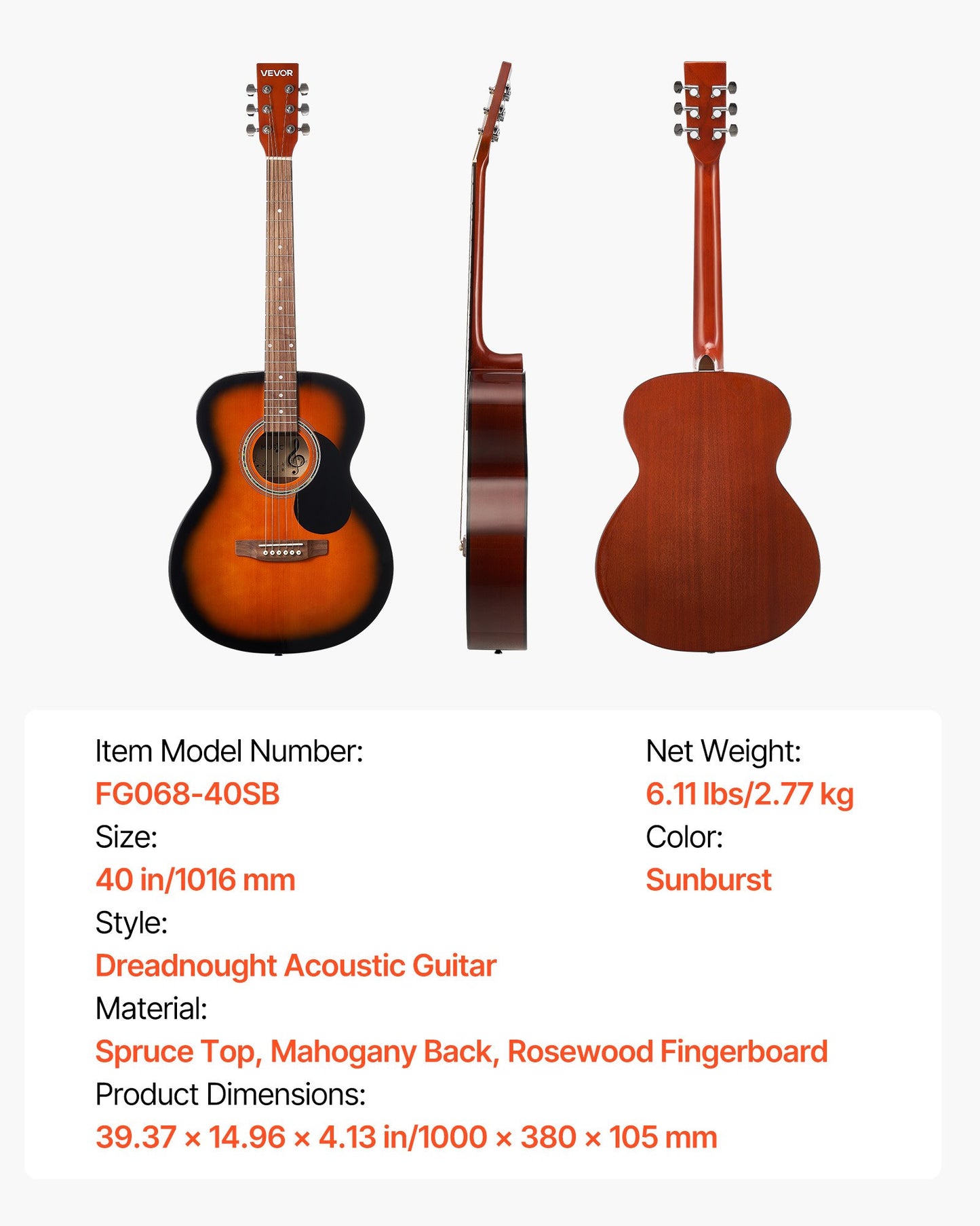 40 tum / 1016 mm Dreadnought Akustisk Gitarr Nybörjarpaket Gigbag Vuxen Sunburst