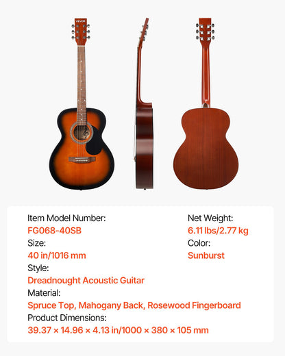 40 tum / 1016 mm Dreadnought Akustisk Gitarr Nybörjarpaket Gigbag Vuxen Sunburst