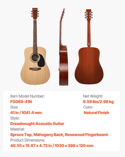 41 tum / 1041,4 mm Dreadnought Akustisk Gitarr Natural Nybörjarpaket Gigbag Vuxen
