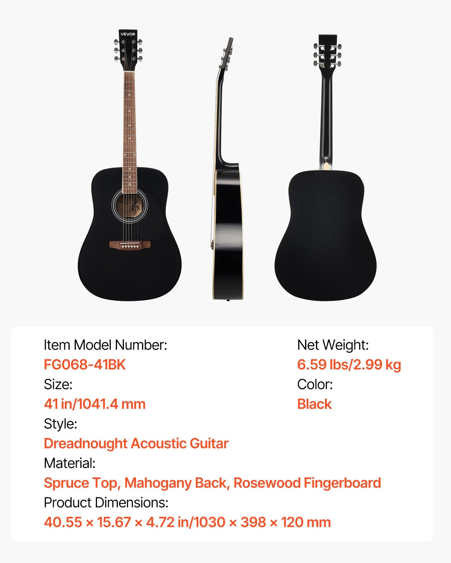 41 tum / 1041,4 mm Dreadnought akustisk gitarr nybörjarpaket för vuxna, längre, svart