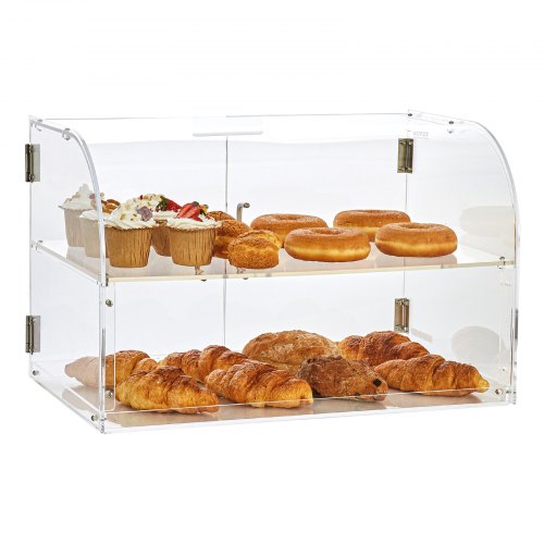Bakverksdisplay, kommersiellt bageridisplay med 2 våningar för bänkskiva, akryldisplaylåda med bakdörr och avtagbara hyllor, håller färskheten för munkbagels, tårta och kaka, 56 x 36 x 36 cm