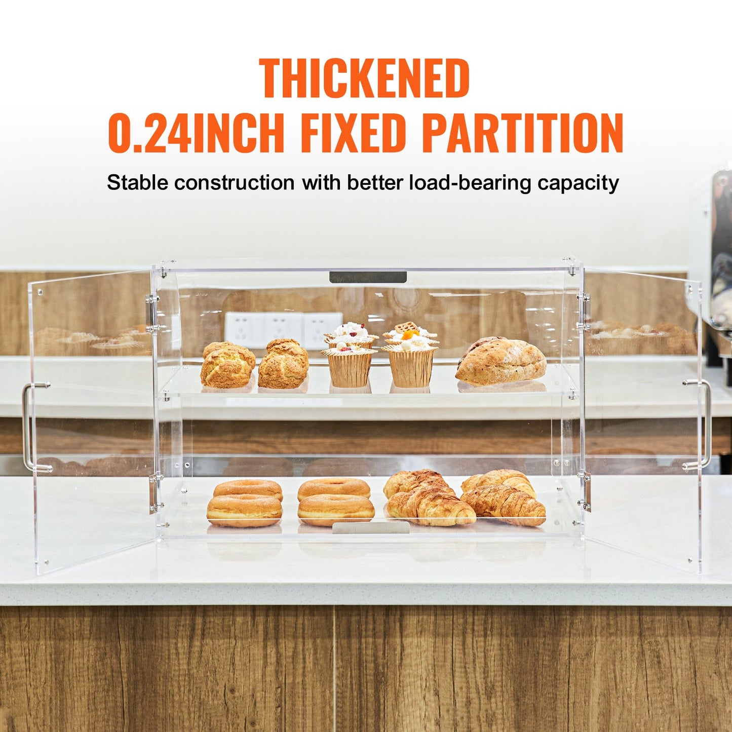 Bakverksdisplay, kommersiellt bageridisplay med 2 våningar för bänkskiva, akryldisplaylåda med bakdörr och avtagbara hyllor, håller färskheten för munkbagels, tårta och kaka, 56 x 36 x 36 cm