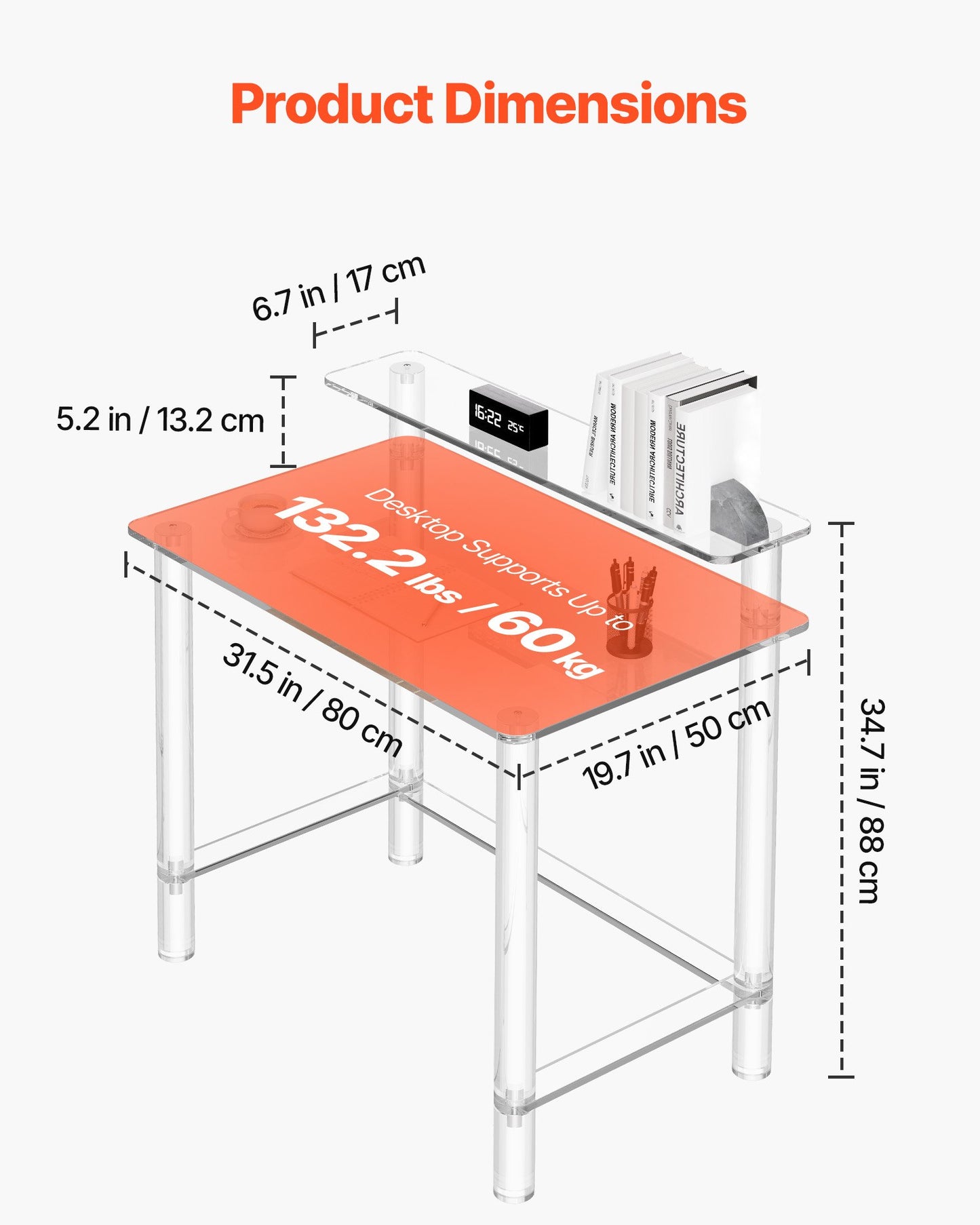 Akrylbord, 2 nivåer genomskinligt kontorsskrivbord med skärmstativ, akrylstudiedatorskrivbord, modernt sidobord nattduksbord för sovrum, kontor, arbetsrum, garderob, 50 x 80 x 88 cm (genomskinlig)