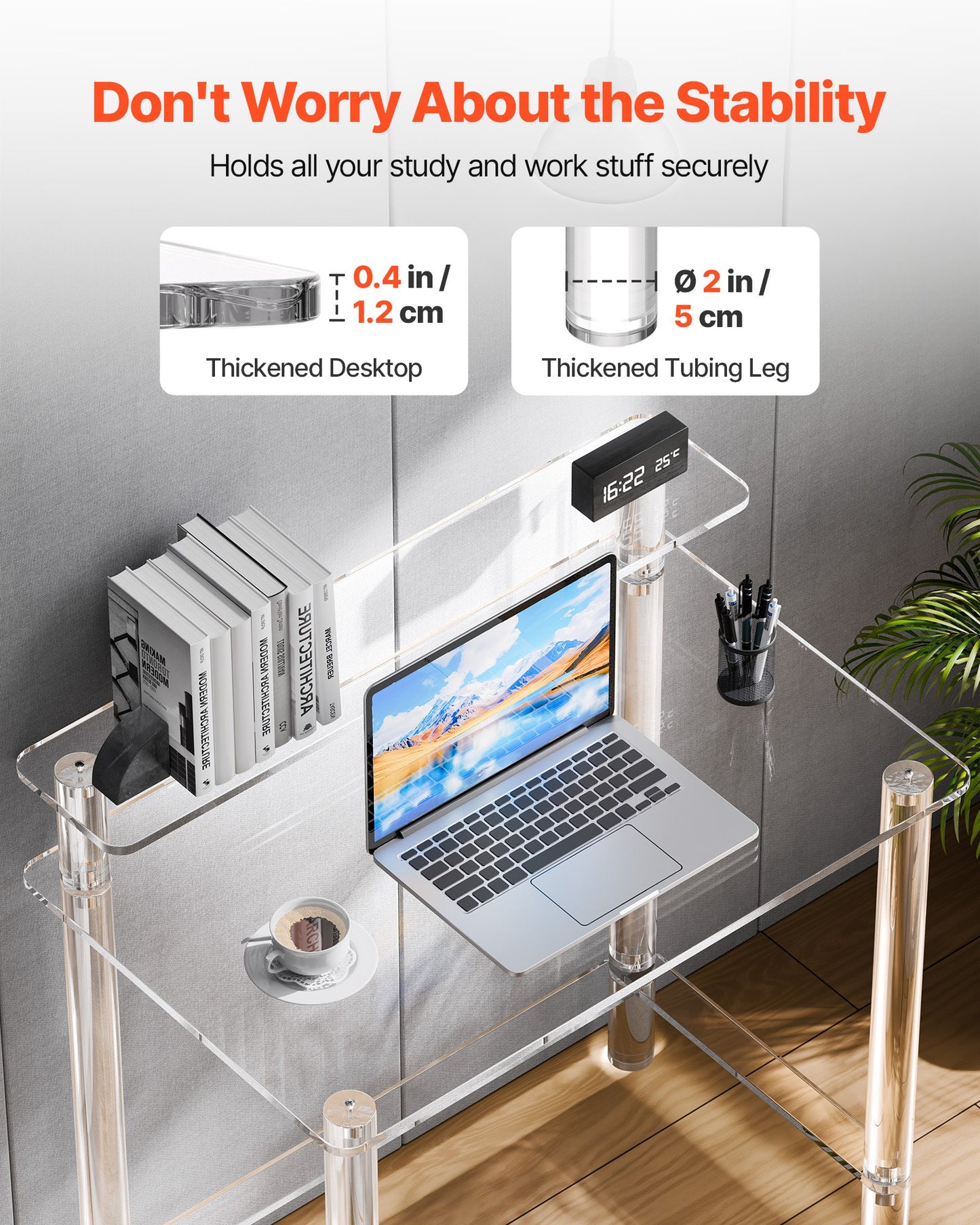 Akrylbord, 2 nivåer genomskinligt kontorsskrivbord med skärmstativ, akrylstudiedatorskrivbord, modernt sidobord nattduksbord för sovrum, kontor, arbetsrum, garderob, 50 x 80 x 88 cm (genomskinlig)