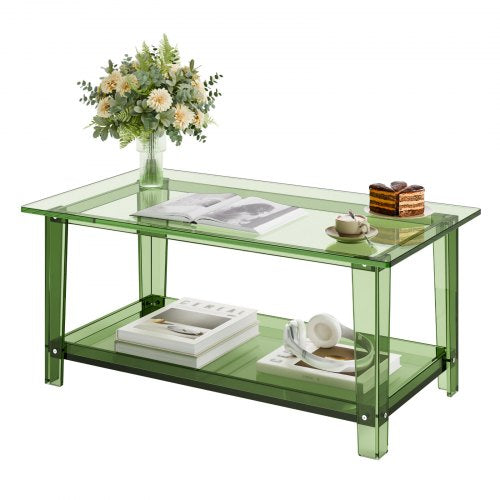 Soffbord i akryl, mittbord i två nivåer med förvaringshylla, modernt rektangulärt soffbord i akryl, perfekt för matsal, köksö, restaurang, kontor, 50 x 80 x 40 cm (grön)