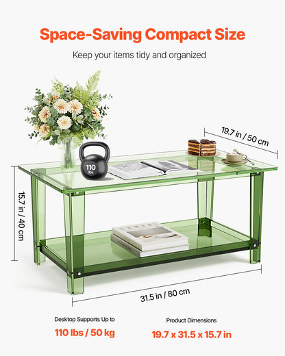 Soffbord i akryl, mittbord i två nivåer med förvaringshylla, modernt rektangulärt soffbord i akryl, perfekt för matsal, köksö, restaurang, kontor, 50 x 80 x 40 cm (grön)