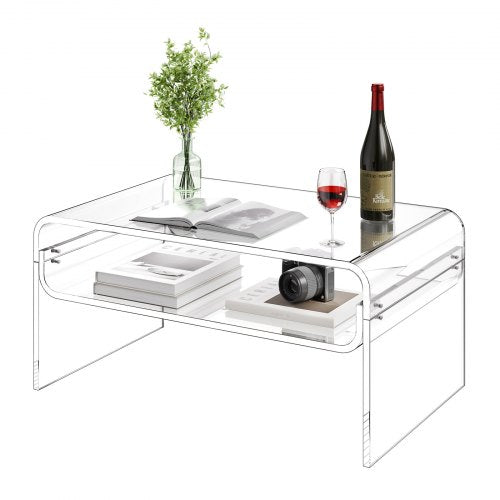 Acrylic Coffee Table, 2 Tiers Center Table with Storage Shelf, Modern Rectangle Acrylic Coffee Desk, Ideal for Dining Room, Kitchen Island, Restaurant, Office, 50 x 80 x 38 cm (Clear)