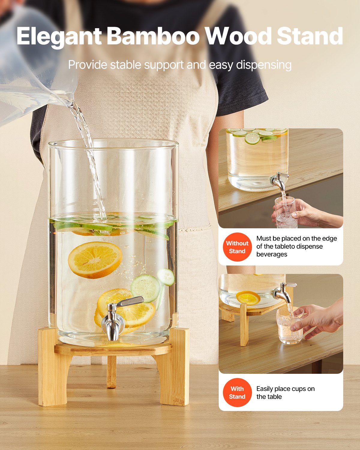 Dryckesdispenser, 8L dryckesdispensrar för fester, Glasjuicedispenser med träställ, Tapp i rostfritt stål, Iste- och citronvattendispensrar för fester