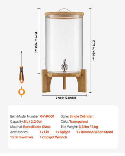 Dryckesdispenser, 8L dryckesdispensrar för fester, Glasjuicedispenser med träställ, Tapp i rostfritt stål, Iste- och citronvattendispensrar för fester