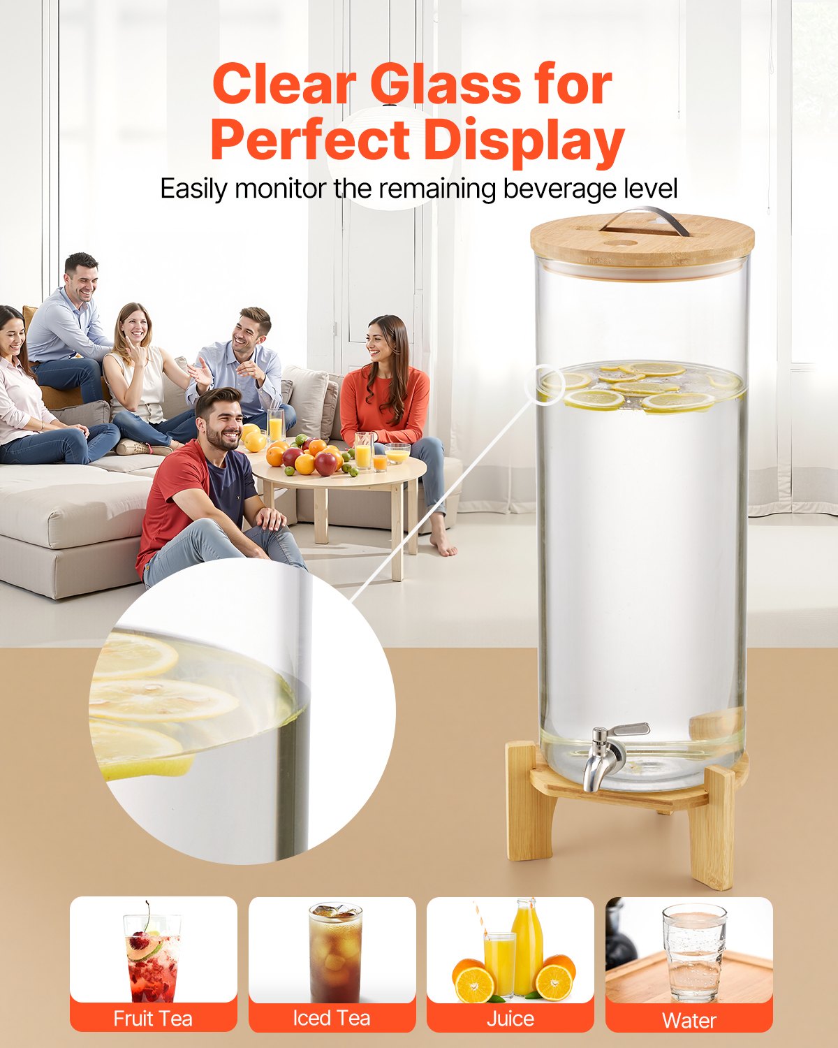 Dryckesdispenser, 13L dryckesdispensrar för fester, Glasjuicedispenser med träställ, Tapp i rostfritt stål, Iste- och citronvattendispensrar för fester