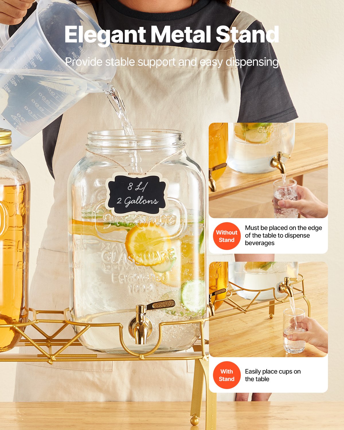 Dryckesdispenser, 2-pack 8L dryckesdispensrar för fester, Glasjuicedispenser med metallställ, Tapp i rostfritt stål, Infuser, Iste- och citronvattendispensrar för fester