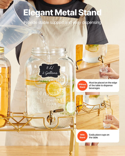 Dryckesdispenser, 2-pack 8L dryckesdispensrar för fester, Glasjuicedispenser med metallställ, Tapp i rostfritt stål, Infuser, Iste- och citronvattendispensrar för fester