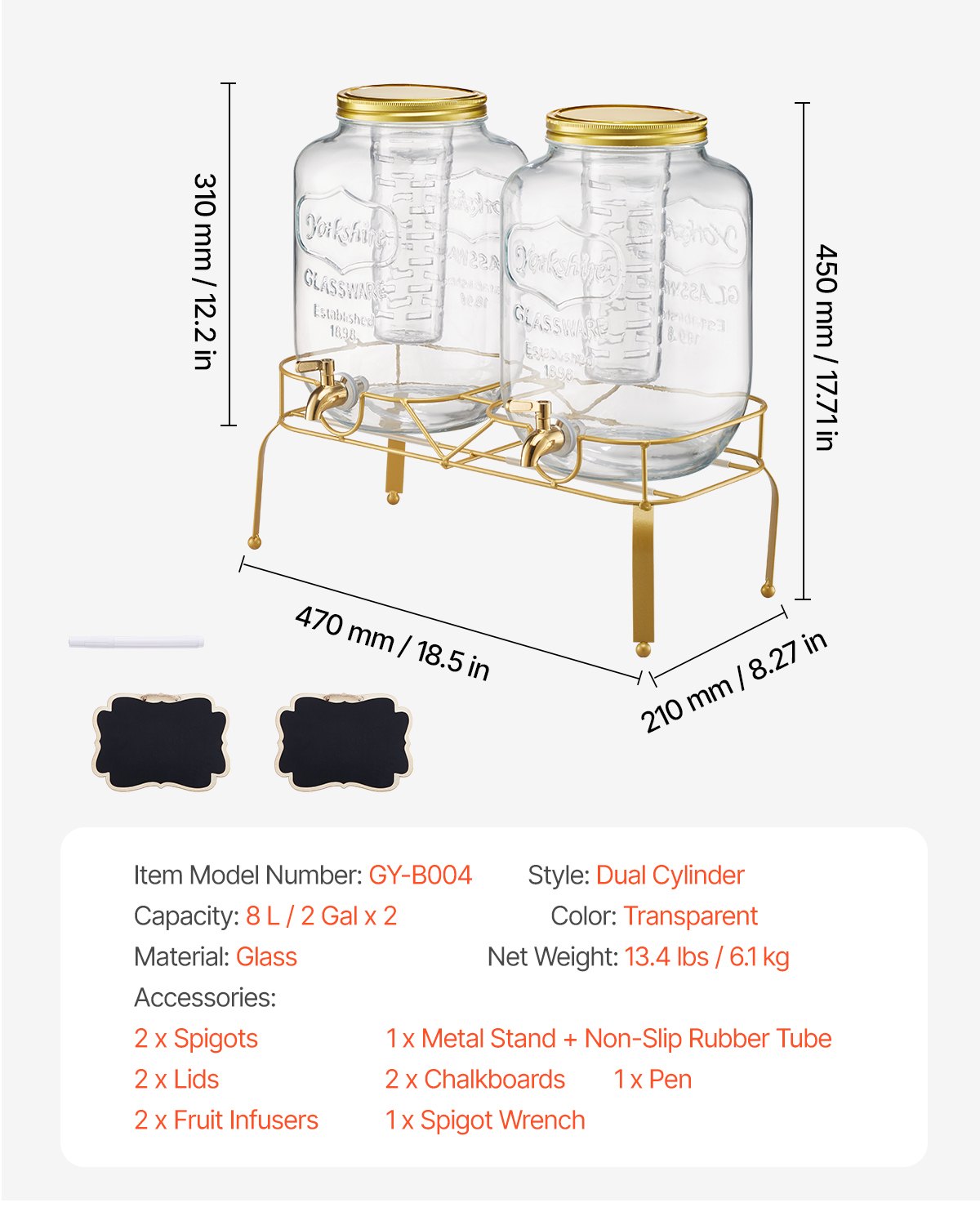 Dryckesdispenser, 2-pack 8L dryckesdispensrar för fester, Glasjuicedispenser med metallställ, Tapp i rostfritt stål, Infuser, Iste- och citronvattendispensrar för fester