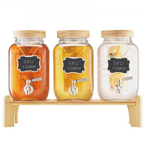 Dryckesdispenser, 3-pack 3,8L dryckesdispensrar för fester, Glasjuicedispenser med träställ, Tapp i rostfritt stål, Infuser, Iste- och citronvattendispensrar för fester